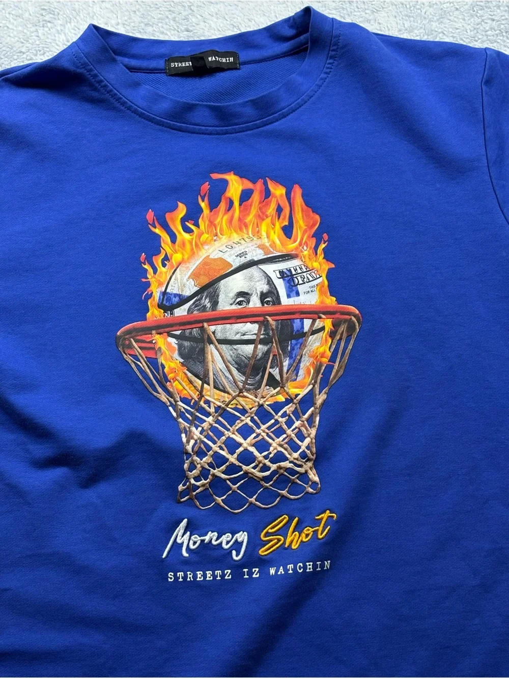 Money Shot Graphic Tee Basketball Benjamin Franklin Flame T-Shirt